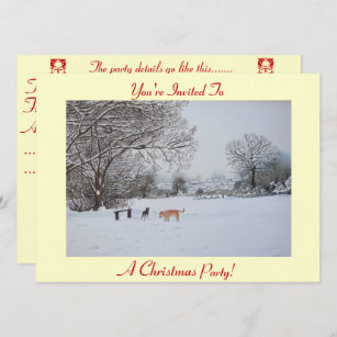 dogs playing winter snow scene christmas party invitation