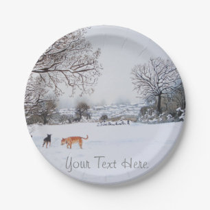 dogs playing winter snow scene landscape painting paper plate