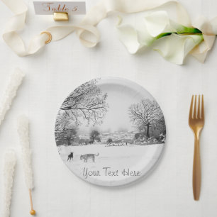 dogs playing winter snow scene landscape painting paper plate