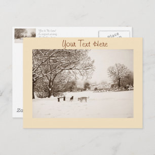 dogs playing winter snow scene landscape painting postcard