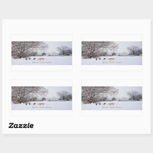 dogs playing winter snow scene landscape painting rectangular sticker