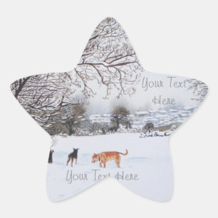 dogs playing winter snow scene landscape painting star sticker