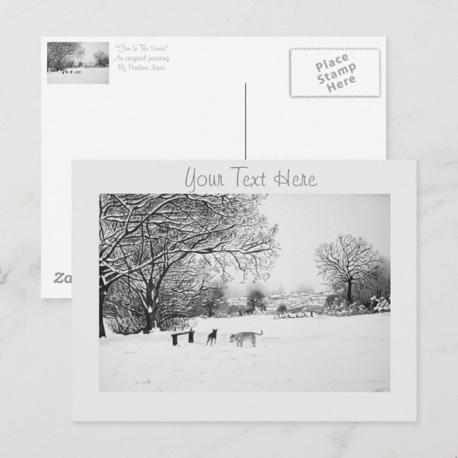 dogs playing winter snow scene landscape postcard (Front/Back)