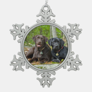 Dogs Puppies Black Lab Chocolate Labrador Retrieve Snowflake Pewter Christmas Ornament