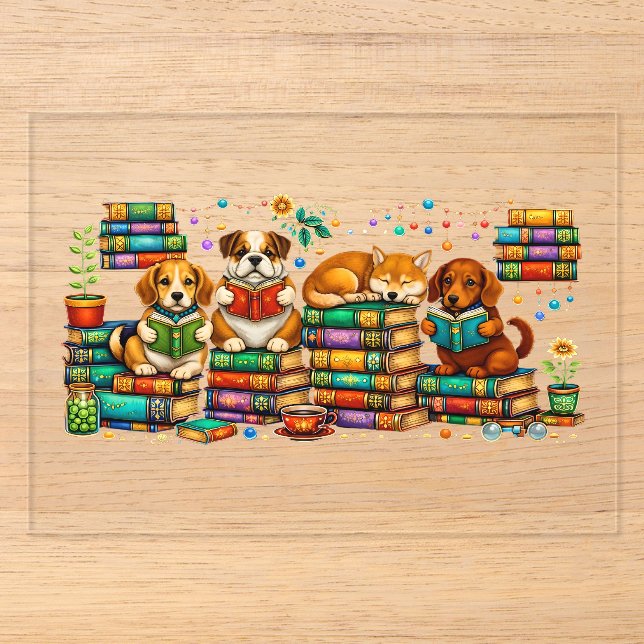 Dogs Reading Books Cosy Library Scene Acrylic Invitations (Front)