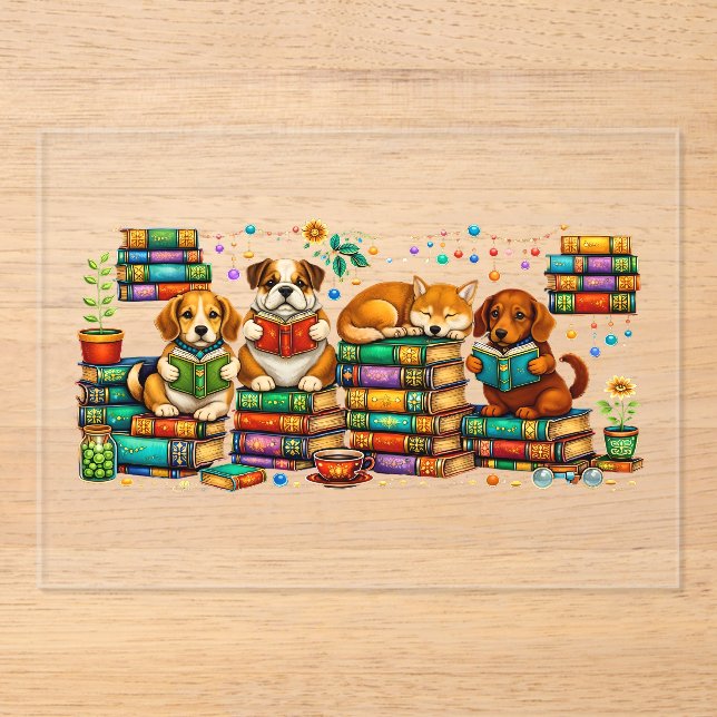 Dogs Reading Books Cozy Library Scene Acrylic Invitations (Front)