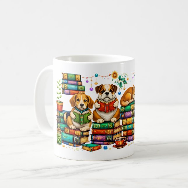 Dogs Reading Books Cozy Library Scene Coffee Mug (Front Left)