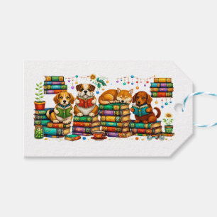 Dogs Reading Books Cozy Library Scene Gift Tags