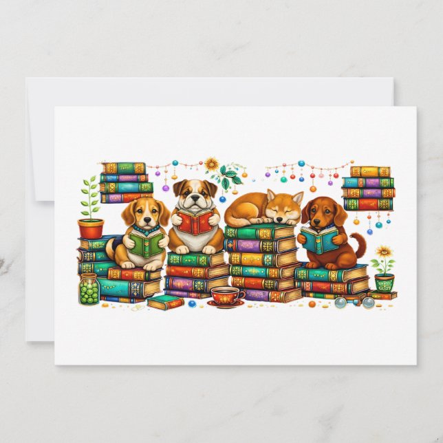 Dogs Reading Books Cozy Library Scene Invitation (Front)