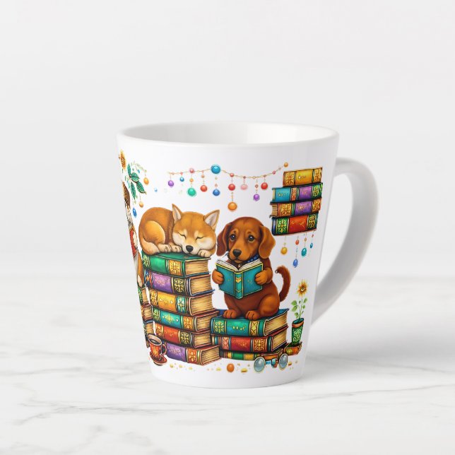 Dogs Reading Books Cozy Library Scene Latte Mug (Right Angle)
