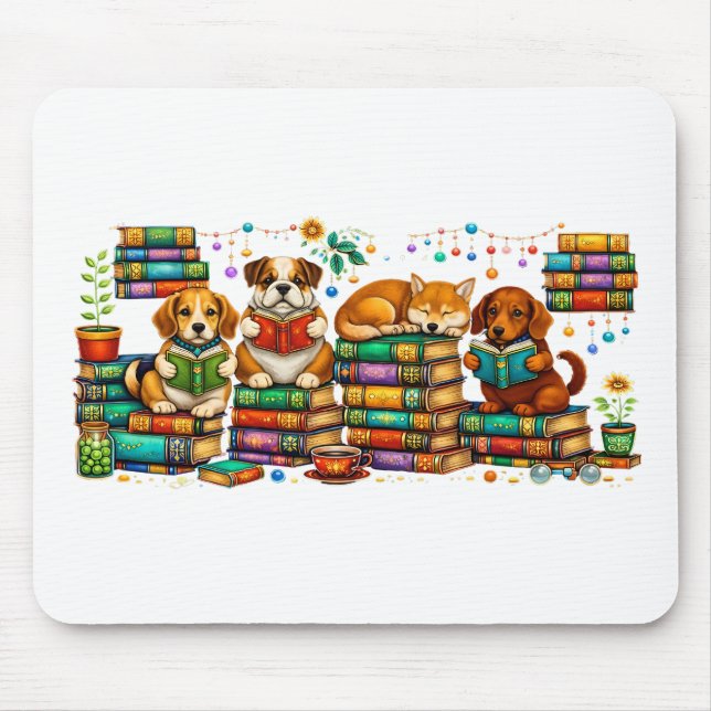 Dogs Reading Books Cozy Library Scene Mouse Pad (Front)