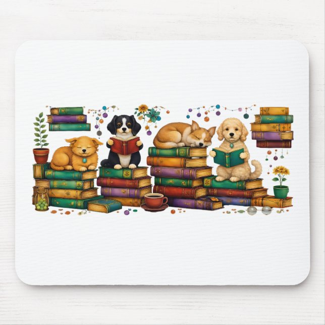 Dogs Reading Books Cozy Library Scene Mouse Pad (Front)