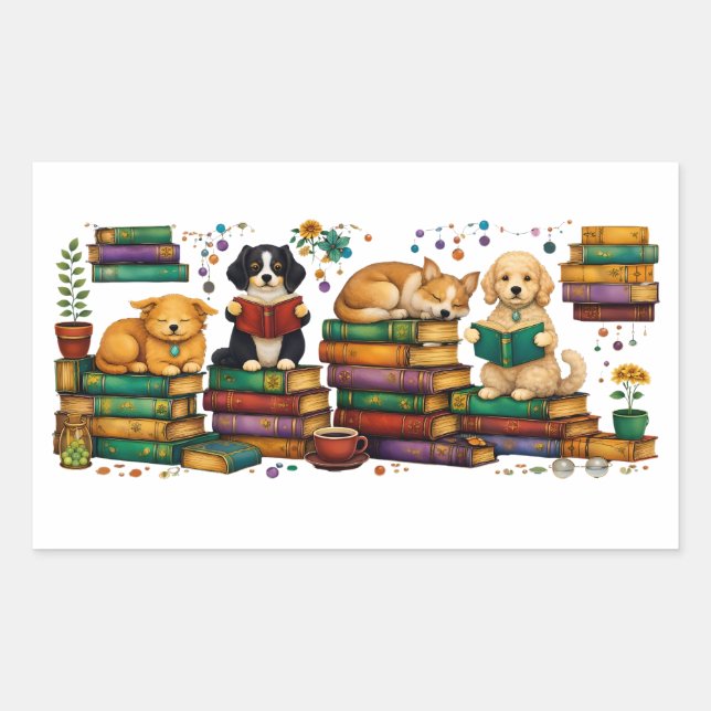 Dogs Reading Books Cozy Library Scene Rectangular Sticker (Front)