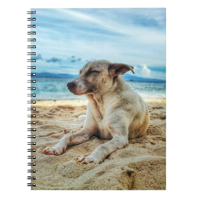 Dog's Relaxing Day at the Beach, Ocean Sand & Sun Notebook (Front)