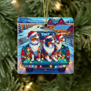 Dogs Riding In Pickup Truck on Farm Christmas Ceramic Ornament