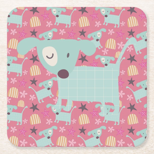 Dogs, Stars, and Flowers Square Paper Coaster (Front)