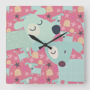 Dogs, Stars, and Flowers Square Wall Clock