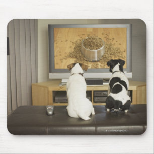 Dogs watching dog dish with food on TV Mouse Pad