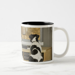 Dogs watching dog dish with food on TV Two-Tone Coffee Mug