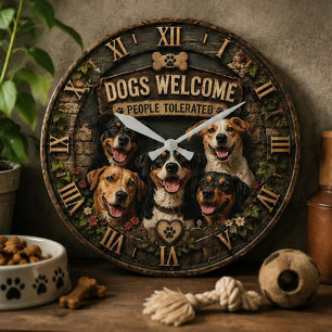 Dogs Welcome People Tolerated Funny Rustic Farm Large Clock