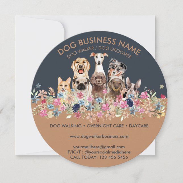 Dogs with flowers circle invitation (Front)