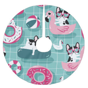 Dogs with pool floats, vintage pattern. brushed polyester tree skirt