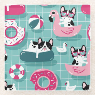 Dogs with pool floats, vintage pattern. glass coaster