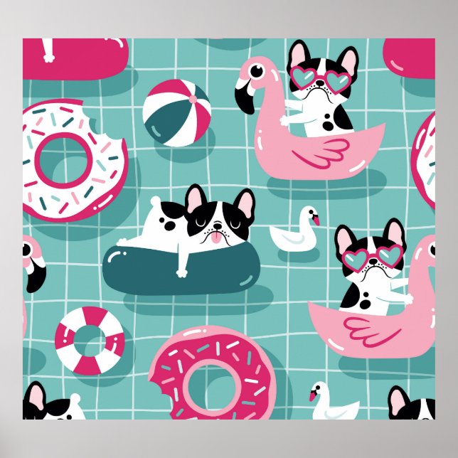 Dogs with pool floats, vintage pattern. poster (Front)