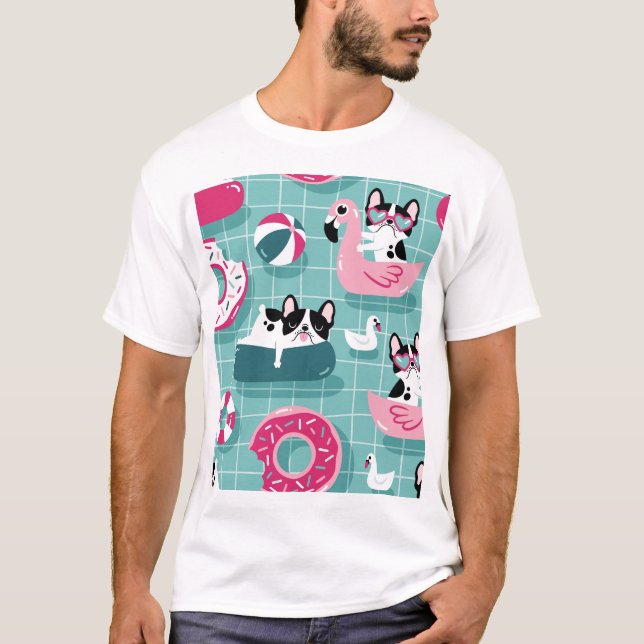 Dogs with pool floats, vintage pattern. T-Shirt (Front)