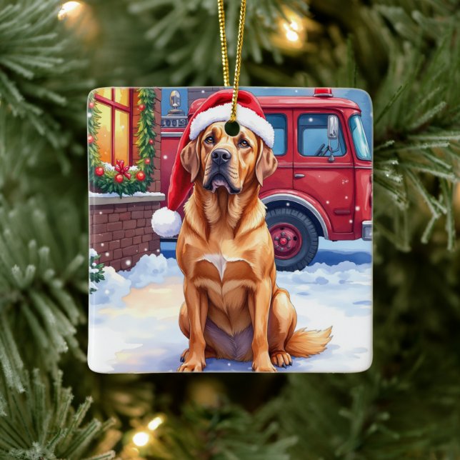 Dogue de Bordeaux Firefighter Station Santa Hat Ceramic Ornament (Tree)