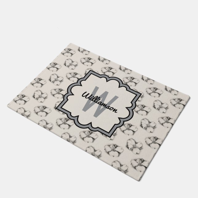 Dogwood Blossom Pattern in Ecru Personalised Doormat (Angled)