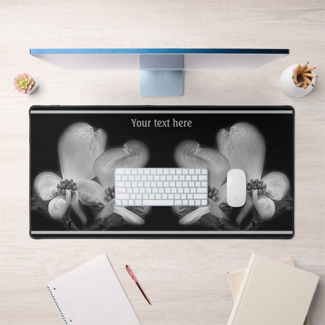 Dogwood Blossoms In Black And White Personalised Desk Mat (Office 1)