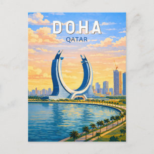 Doha Qatar Illustration Travel Art Vintage Postcard