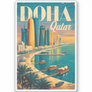 Doha Qatar Skyline Illustration Travel Art Vintage