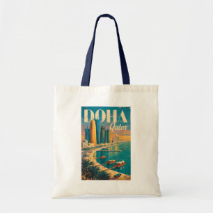 Doha Qatar Skyline Illustration Travel Art Vintage Tote Bag