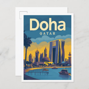 Doha Qatar Vintage Art Travel Illustration Postcard