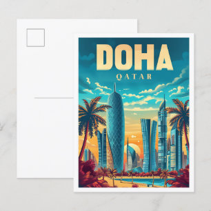 Doha Qatar Vintage Art Travel Illustration Postcard