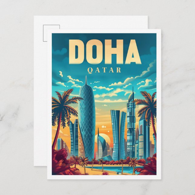 Doha Qatar Vintage Art Travel Illustration Postcard (Front/Back)