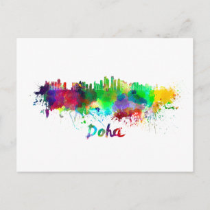 Doha skyline in watercolor postcard