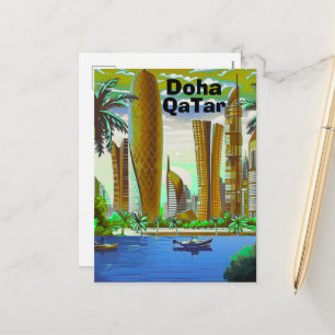 Doha Travel Postcard Art, Doha Skyline, Doha Qatar