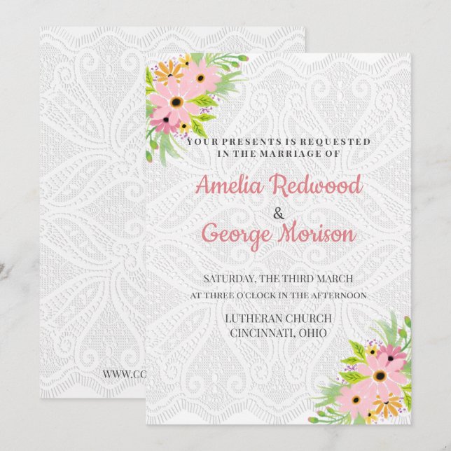 Doily And Watercolor Flowers Wedding Invitation (Front/Back)
