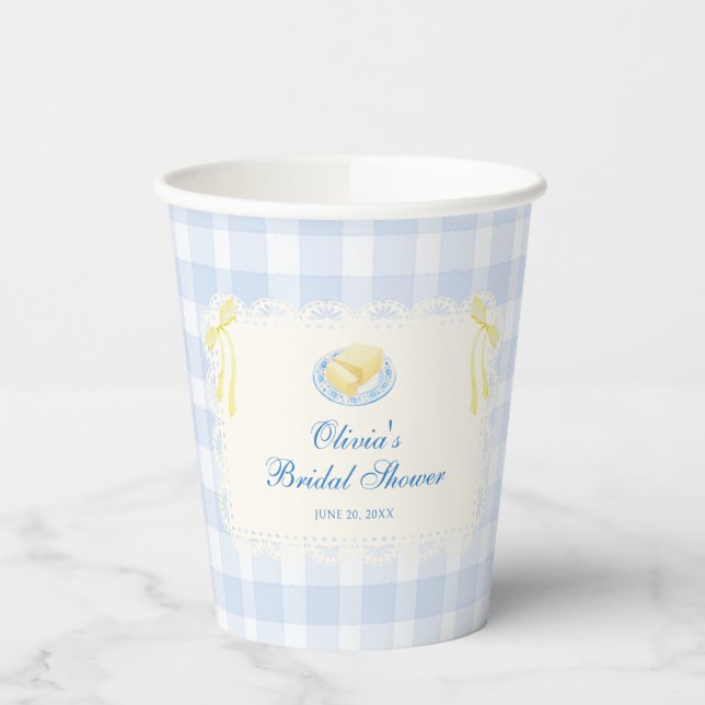 Doily Frame Blue Gingham Bridal Shower Paper Cups (Left)
