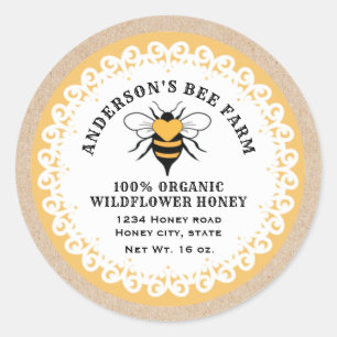 Doily lace Kraft vintage bee honey jar Classic Round Sticker