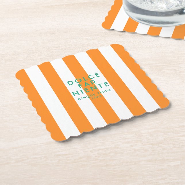 Dolce Far Niente Cinque Terra Orange Cabana Stripe Paper Coaster (Angled)