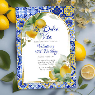Dolce Vita Italian Blue Gold Tiles Lemons Birthday Invitation