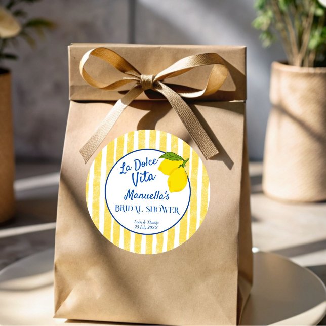 Dolce vita yellow Lemons Italian bridal shower Classic Round Sticker (Dolce vita yellow stripes Lemons Italian bridal shower personalized favor Stickers)
