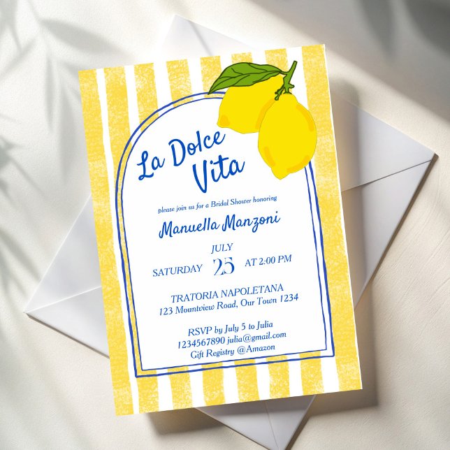 Dolce vita yellow Lemons Italian bridal shower Invitation (Dolce vita yellow stripes Lemons Italian bridal shower Invitation template instant download)