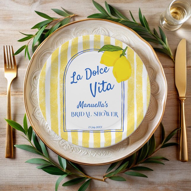 Dolce vita yellow Lemons Italian bridal shower Paper Plate (Dolce vita yellow stripes Lemons retro vintage Italian bridal shower monogrammed Paper Plates)