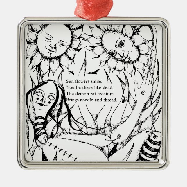 Doll and Sunflowers Poetry Metal Ornament (Front)