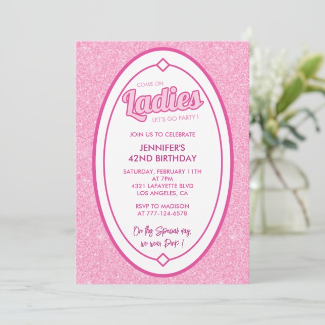 Doll Blush Pink Glitter 42nd birthday invitation  (Standing Front)